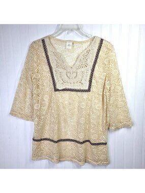 Crochet Tunic Top Womens Large Beige Embroidered Sheer Boho Festive Indie Hippie